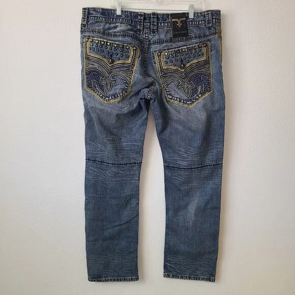Rock Revival Reid Alt Straight Distressed Denim Jeans Size 42x34 Blue #2 - Picture 1 of 6